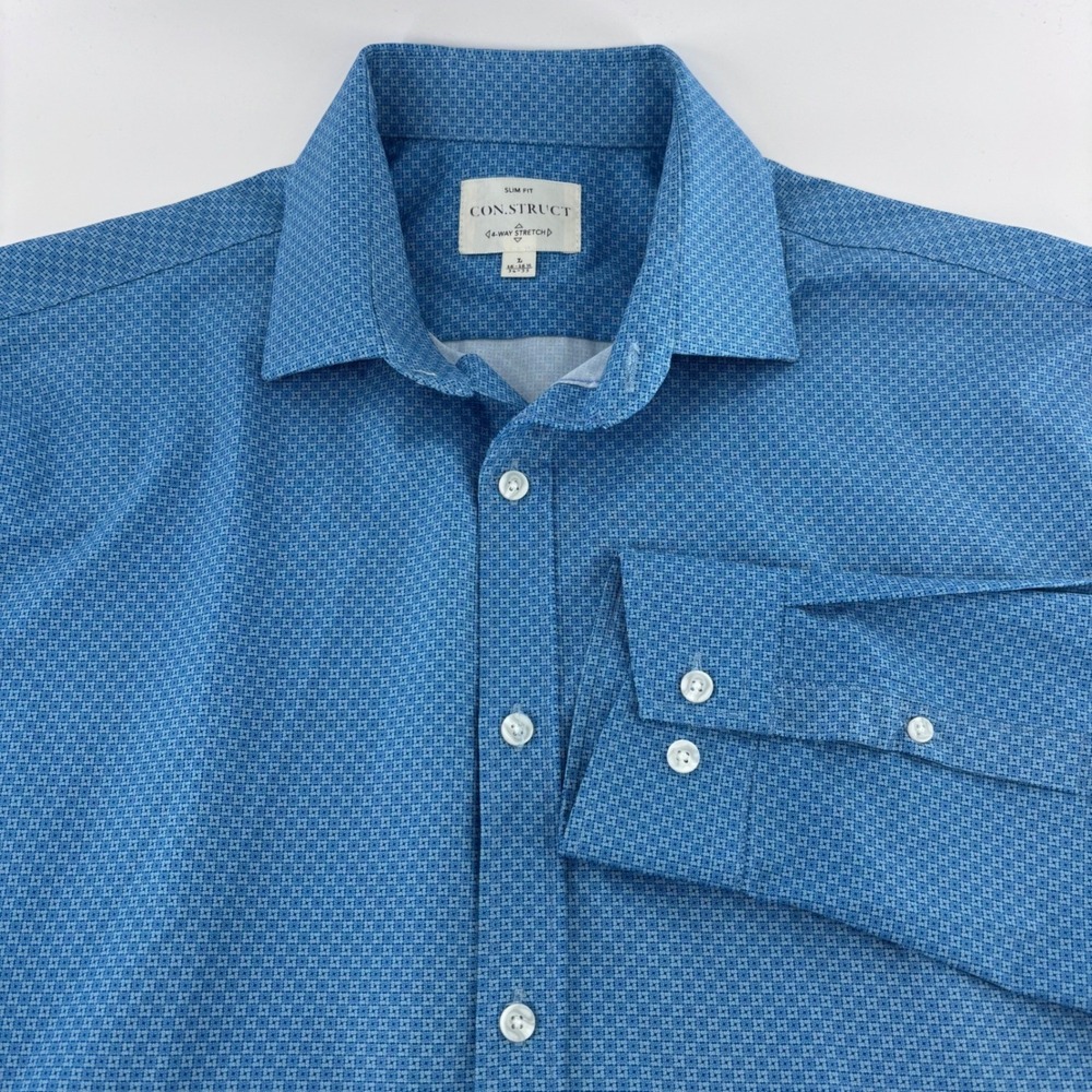 CON.STRUCT Button Down Shirt Mens L Blue 4-Way Stretch Slim Fit Geometric Print